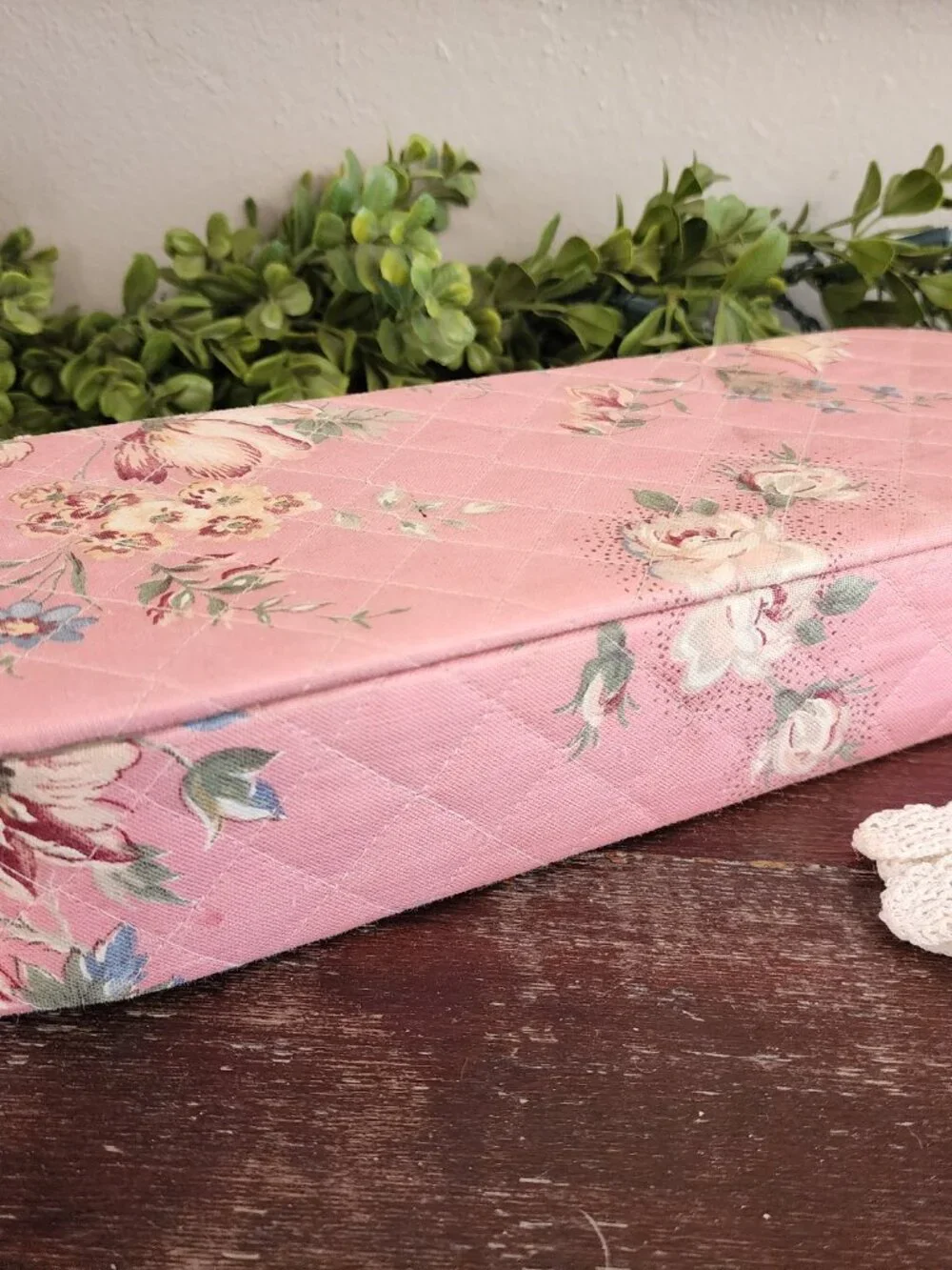 Vintage 1940's Pink Floral Covered Padded & Quilted Glove Dresser Box